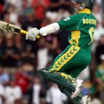 South Africa's batsman Mark Boucher celebrates after hitting the winning run