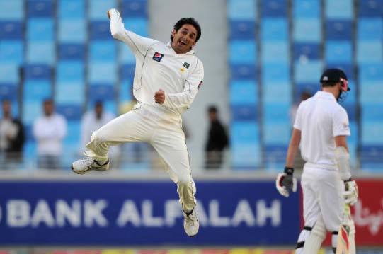 Saeed Ajmal Celebrates after Dismissal of Graeme Swann in the 1st Test against England in Dubai