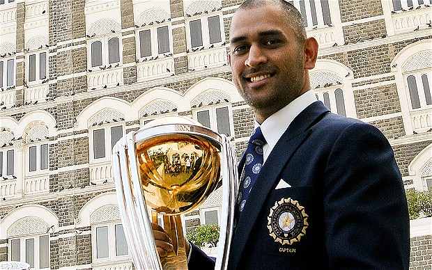 MS Dhoni with ICC Cricket World Cup 2011 Trophy
